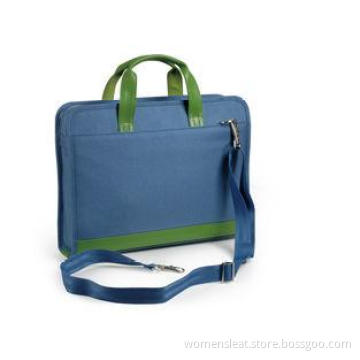 Blue Nylon Notebook Tote Bag with Green Handle for Business